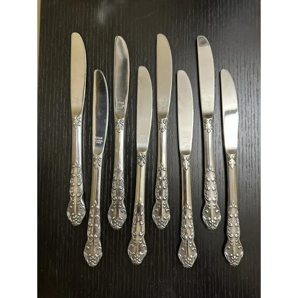 Set of 8 National Nancy Stainless Japan Ornate Table Knives Silverware Flatware